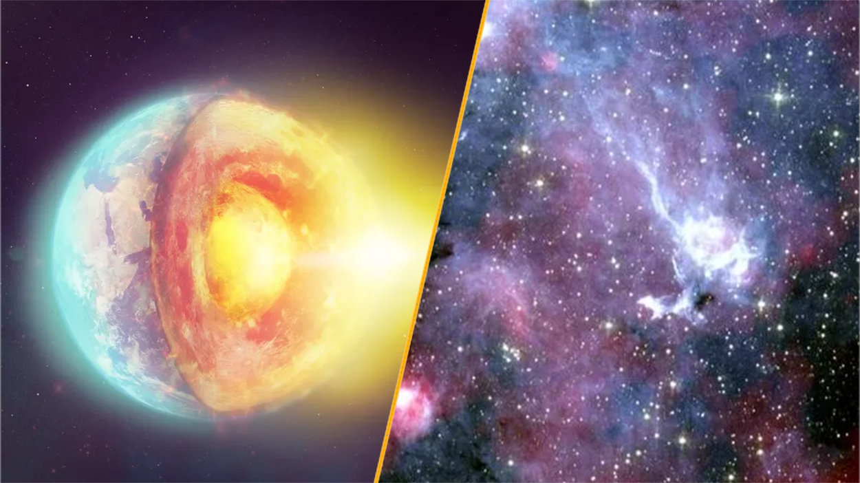 Split image of the Earth&#039;s core and strange signals coming from deep space